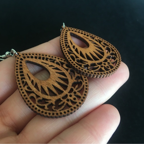 Brown Boho Wooden Water Drop Dangle Earrings - Picture 3 of 7